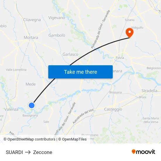 Suardi to Zeccone map