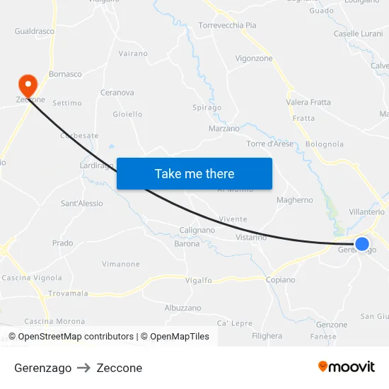 Gerenzago to Zeccone map
