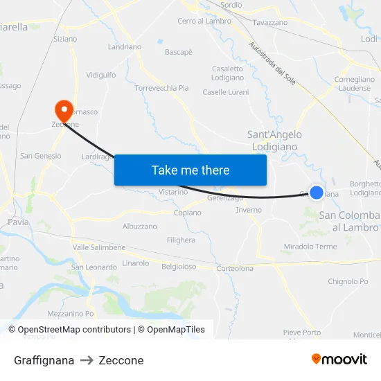Graffignana to Zeccone map