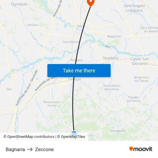 Bagnaria to Zeccone map