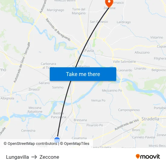 Lungavilla to Zeccone map