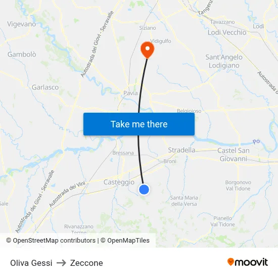 Oliva Gessi to Zeccone map