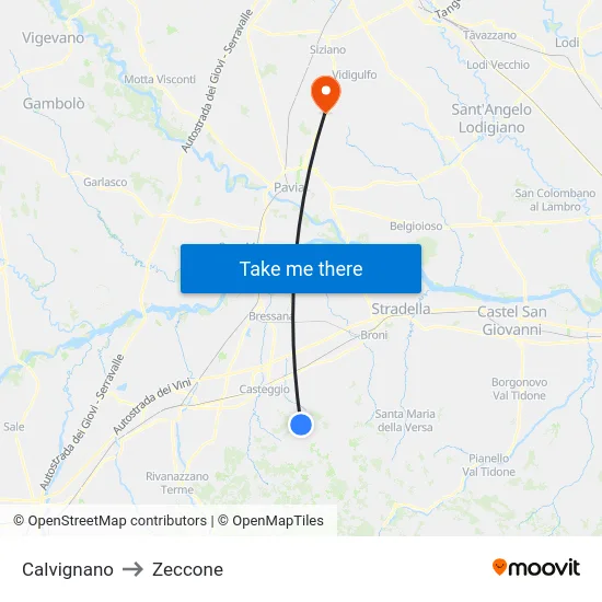 Calvignano to Zeccone map