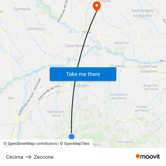 Cecima to Zeccone map