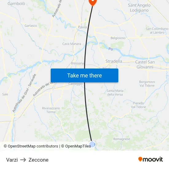 Varzi to Zeccone map