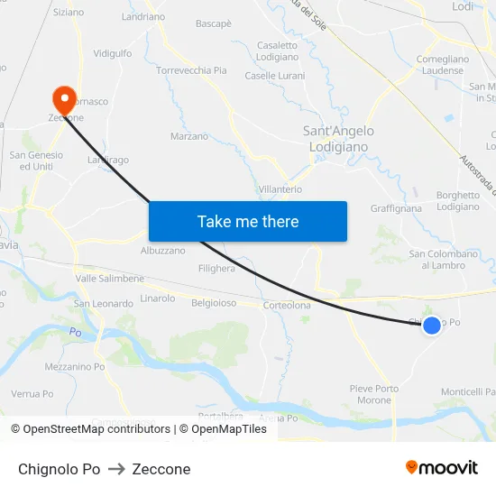 Chignolo Po to Zeccone map