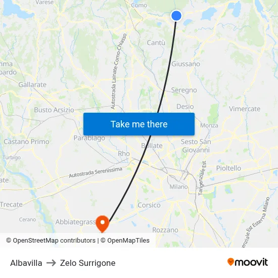 Albavilla to Zelo Surrigone map