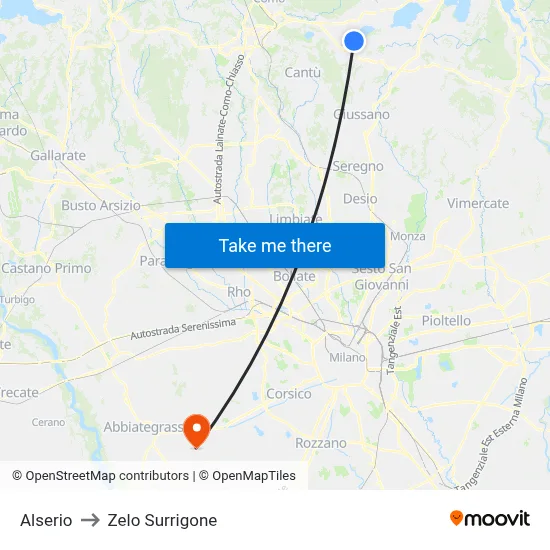 Alserio to Zelo Surrigone map