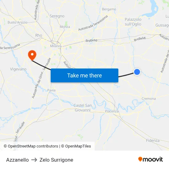Azzanello to Zelo Surrigone map