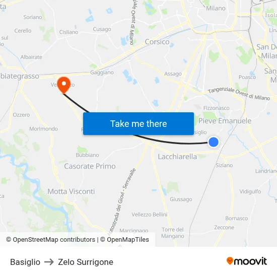 Basiglio to Zelo Surrigone map