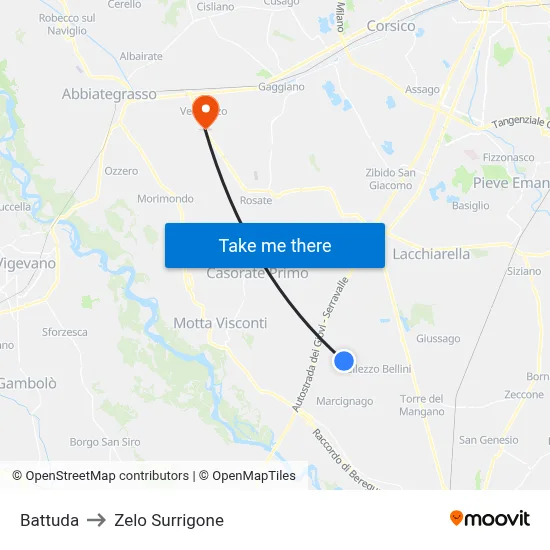 Battuda to Zelo Surrigone map
