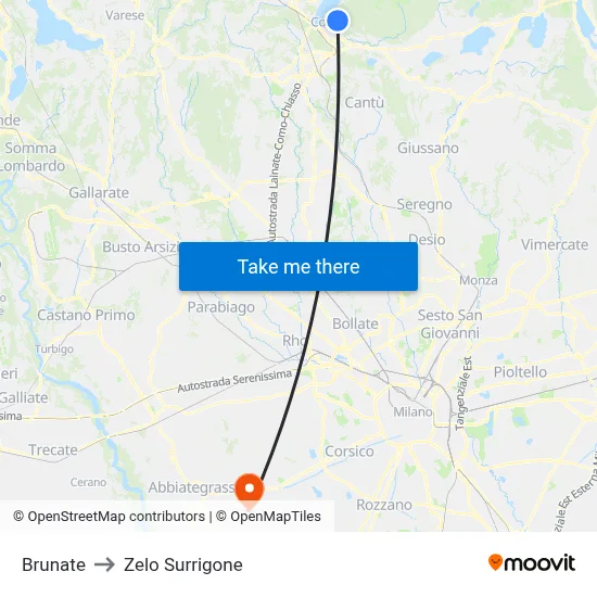 Brunate to Zelo Surrigone map