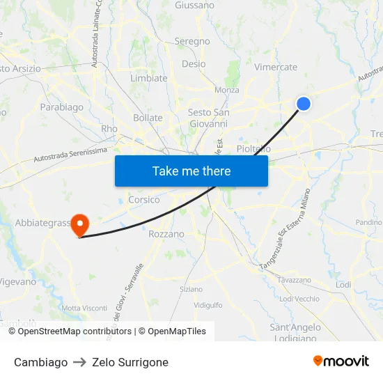 Cambiago to Zelo Surrigone map