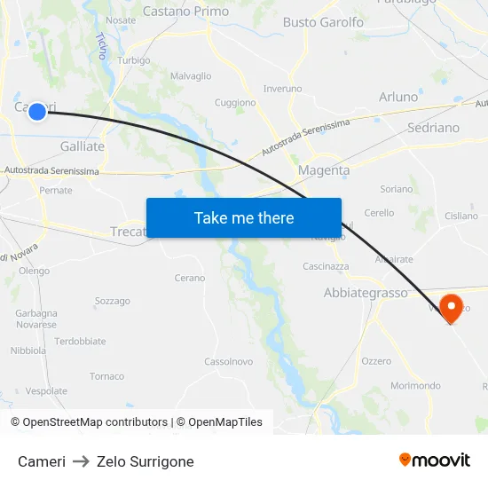 Cameri to Zelo Surrigone map