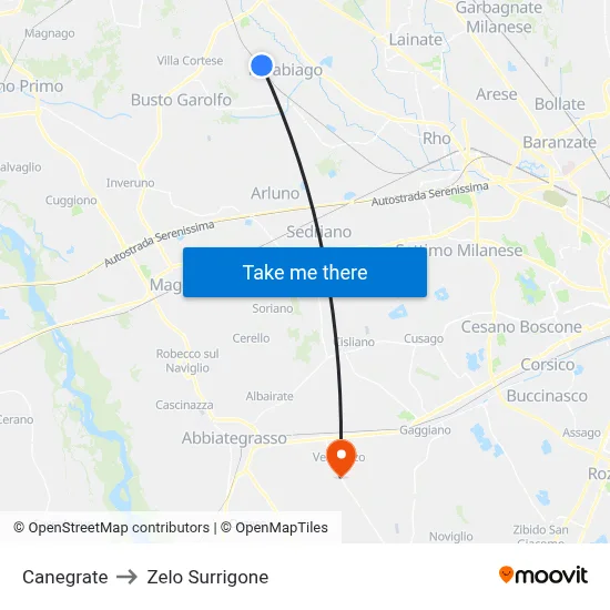 Canegrate to Zelo Surrigone map