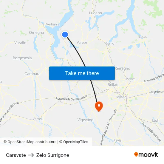 Caravate to Zelo Surrigone map