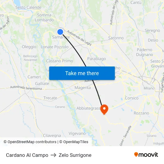 Cardano al Campo to Zelo Surrigone map
