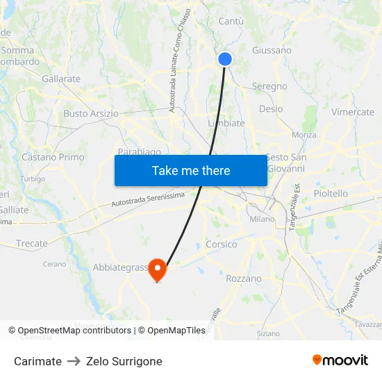 Carimate to Zelo Surrigone map