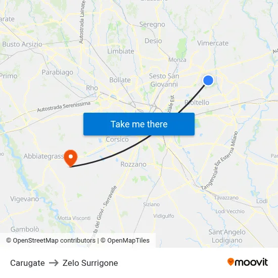 Carugate to Zelo Surrigone map
