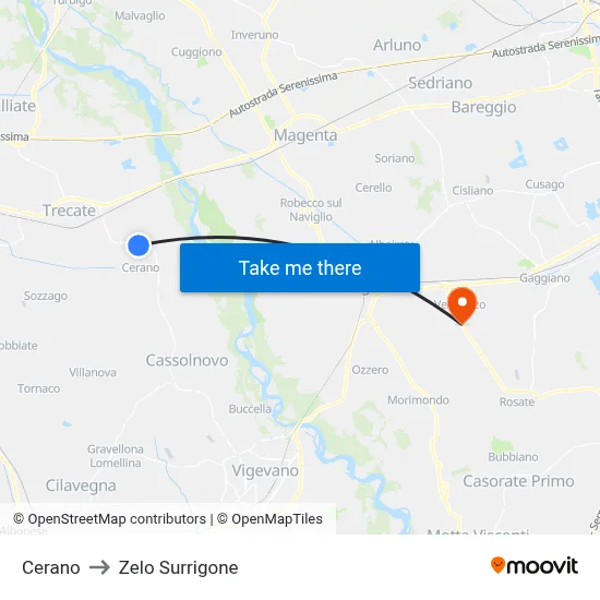 Cerano to Zelo Surrigone map