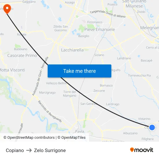 Copiano to Zelo Surrigone map