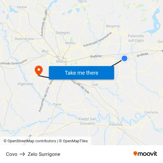 Covo to Zelo Surrigone map