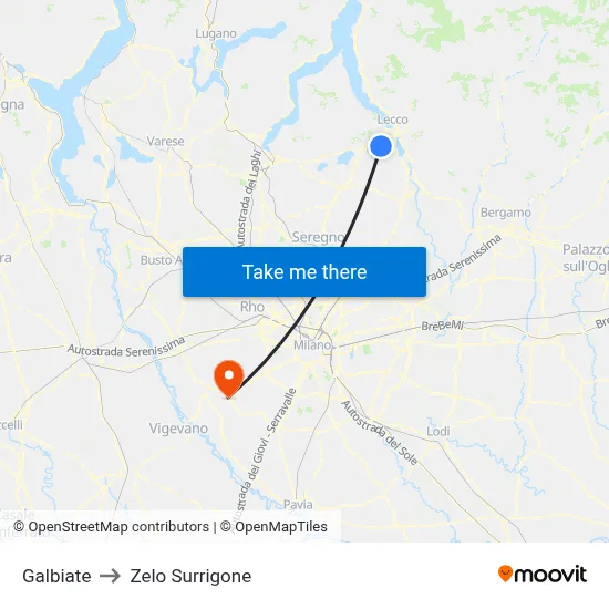 Galbiate to Zelo Surrigone map