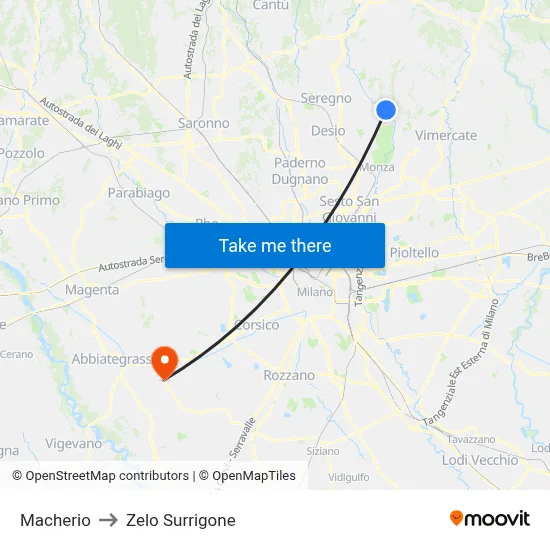 Macherio to Zelo Surrigone map