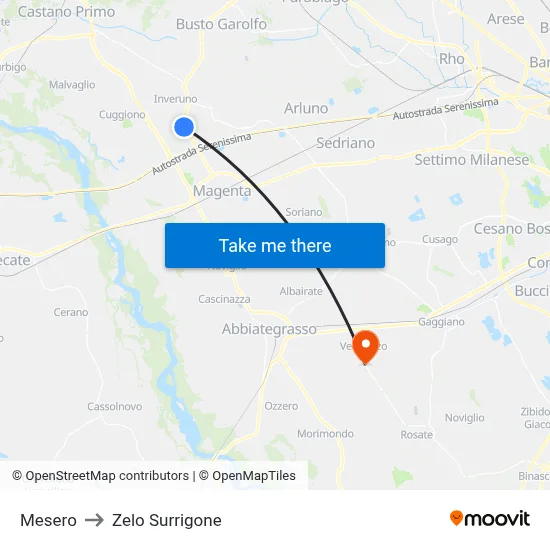 Mesero to Zelo Surrigone map