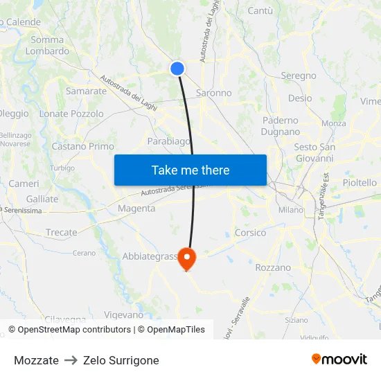 Mozzate to Zelo Surrigone map