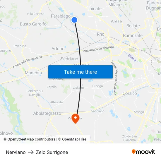 Nerviano to Zelo Surrigone map
