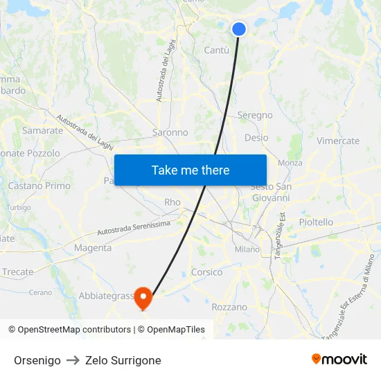 Orsenigo to Zelo Surrigone map