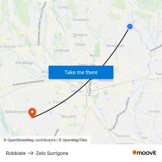 Robbiate to Zelo Surrigone map