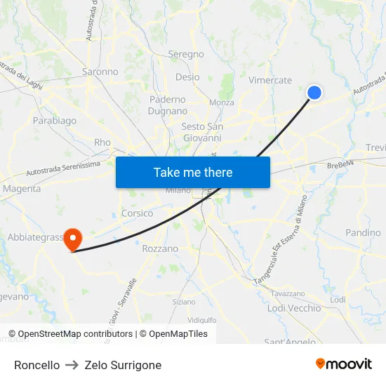 Roncello to Zelo Surrigone map