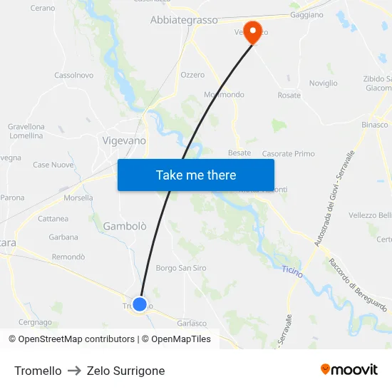 Tromello to Zelo Surrigone map