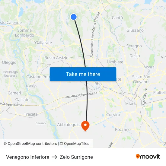 Venegono Inferiore to Zelo Surrigone map