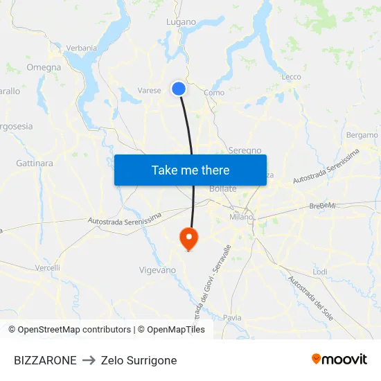 Bizzarone to Zelo Surrigone map