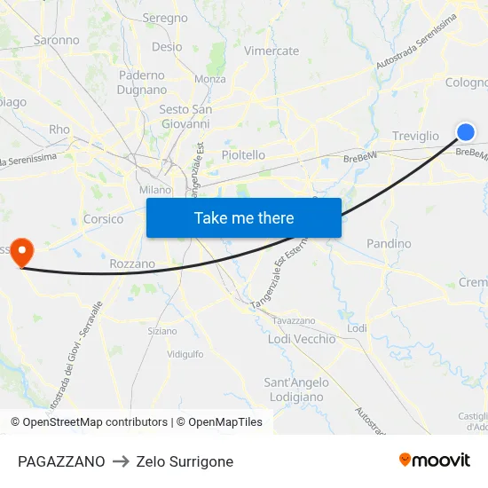 Pagazzano to Zelo Surrigone map