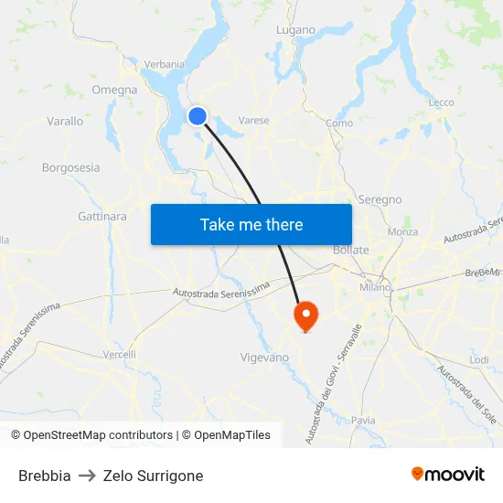 Brebbia to Zelo Surrigone map