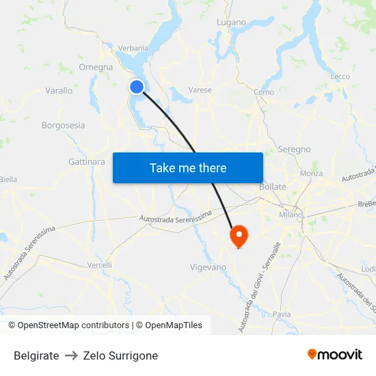 Belgirate to Zelo Surrigone map
