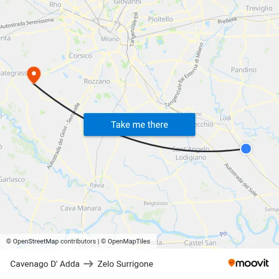 Cavenago D' Adda to Zelo Surrigone map