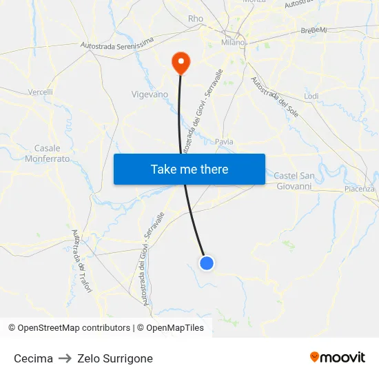 Cecima to Zelo Surrigone map