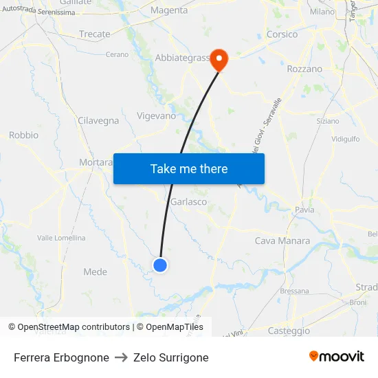 Ferrera Erbognone to Zelo Surrigone map