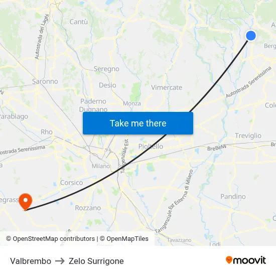 Valbrembo to Zelo Surrigone map