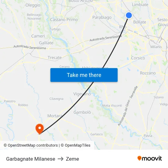 Garbagnate Milanese to Zeme map