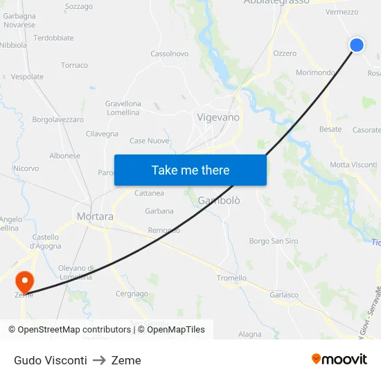 Gudo Visconti to Zeme map