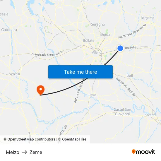 Melzo to Zeme map