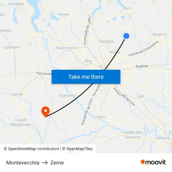 Montevecchia to Zeme map