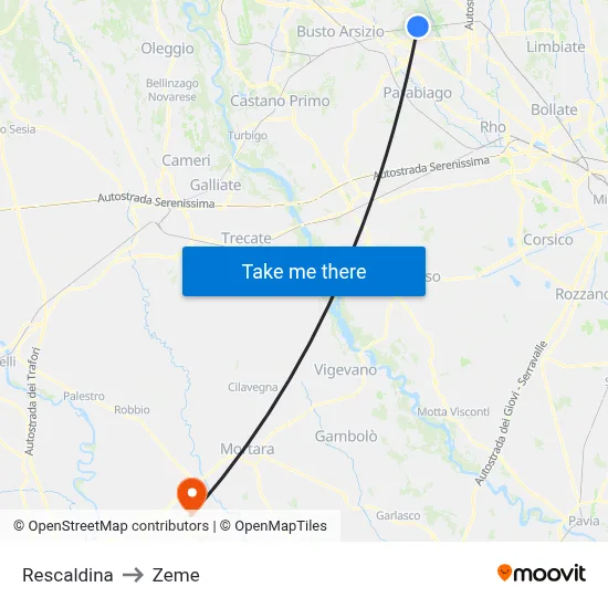 Rescaldina to Zeme map