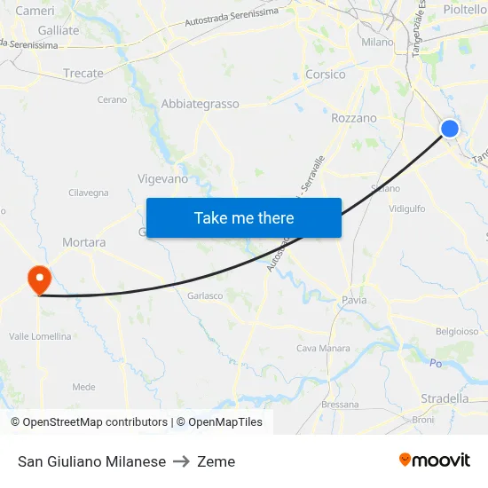 San Giuliano Milanese to Zeme map
